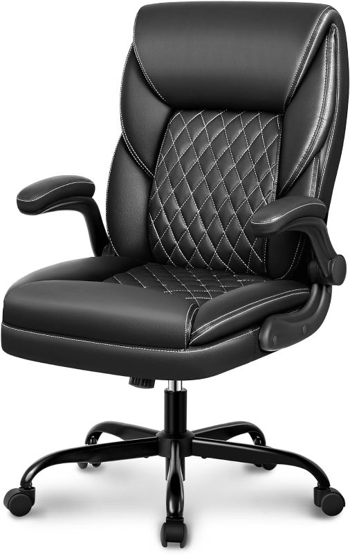 Photo 1 of Office Chair, Executive Leather Chair Home Office Desk Chairs, Ergonomic Computer Desk Chair with Adjustable Flip-Up Arms, Lumber Support Swivel Task Chair with Rocking Function (Black)
