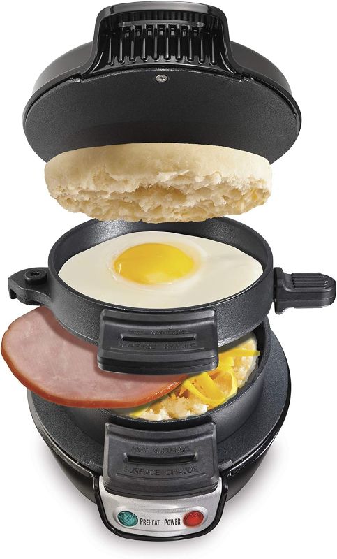Photo 1 of Hamilton Beach Breakfast Sandwich Maker with Egg Cooker Ring, Customize Ingredients, Perfect for English Muffins, Croissants, Mini Waffles, Single, Silver