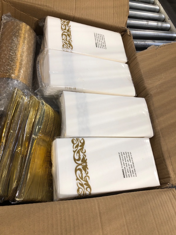 Photo 2 of 700 Piece Gold Dinnerware Set for 100 Guests, Plastic Plates Disposable for Party, Include: 100 Gold Rim Dinner Plates, 100 Dessert Plates, 100 Paper Napkins, 100 Cups, 100 Gold Plastic Silverware Set