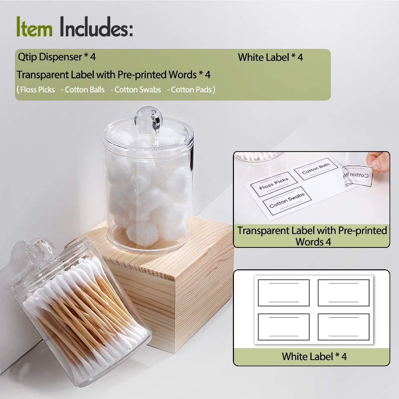 Photo 1 of 4 PACK Qtip Holder Dispenser for Cotton Ball, Cotton Swab, Cotton Round Pads, Floss Picks - Small Clear Plastic Apothecary Jar Set for Bathroom Canister Storage Organization, Vanity Makeup Organizer