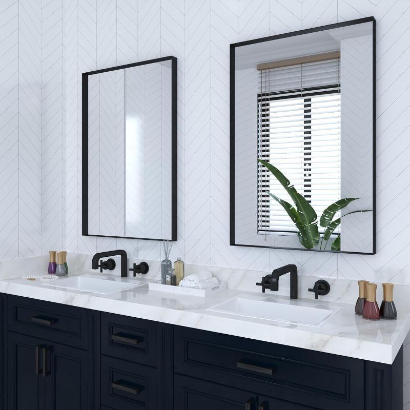 Photo 2 of 1-Pack Black Bathroom Mirrors 24 x 36 Inch, Square Corner Metal Framed Rectangle Wall Vanity Mirror Modern Farmhouse, 1/4-inch Shatterproof Glass | Ultra-Flush Hanging