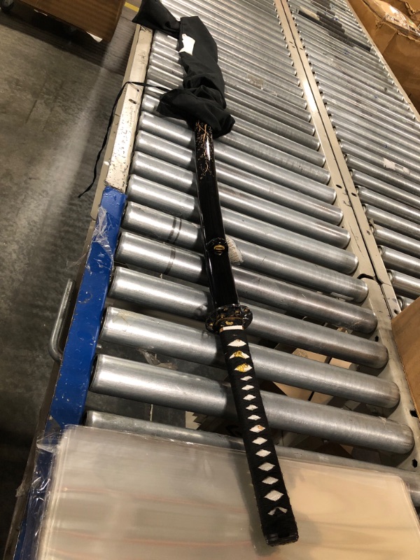 Photo 1 of HMS Japanese Samurai Katana Sword, Folding Fan Pattern Tsuba, Hand Forged, 1095 Carbon Steel, Clay Tempered, Full Tang, Sharp