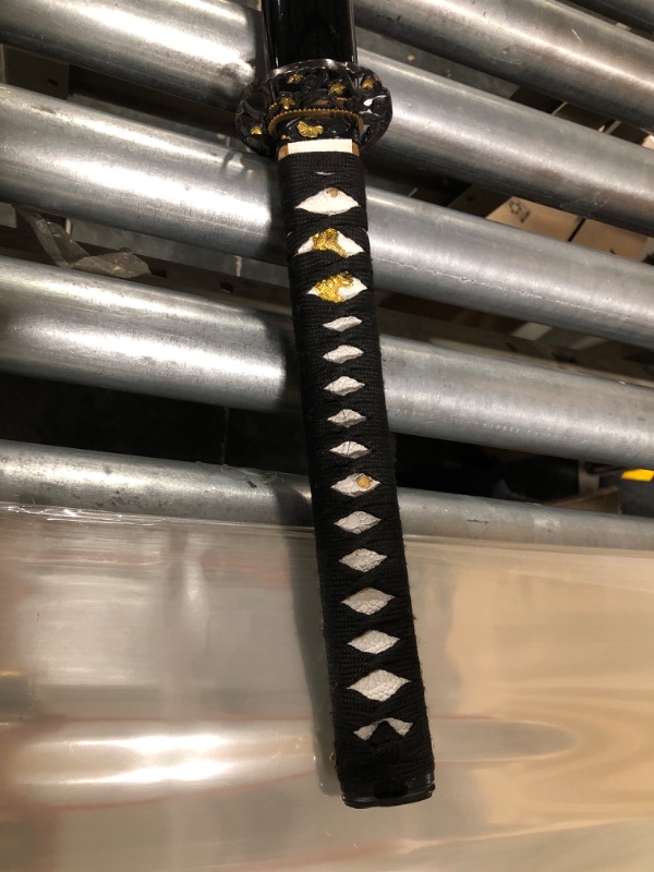 Photo 1 of HMS Japanese Samurai Katana Sword, Folding Fan Pattern Tsuba, Hand Forged, 1095 Carbon Steel, Clay Tempered, Full Tang, Sharp