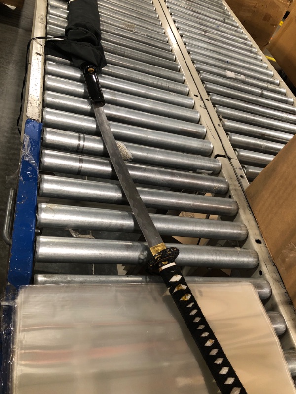 Photo 1 of HMS Japanese Samurai Katana Sword, Folding Fan Pattern Tsuba, Hand Forged, 1095 Carbon Steel, Clay Tempered, Full Tang, Sharp