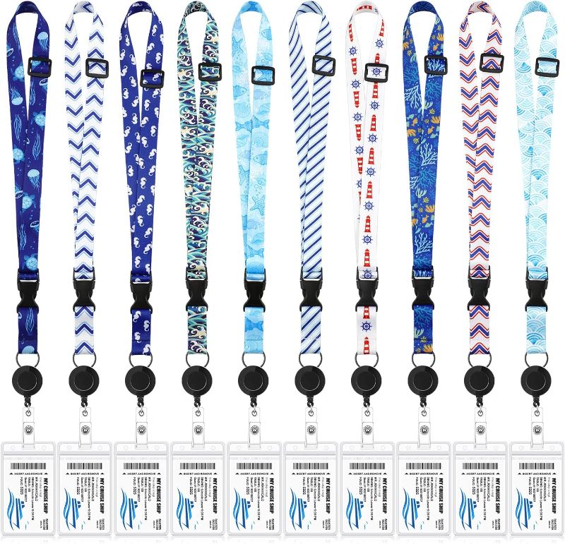Photo 1 of 10 Sets Cruise Lanyards Retractable Carnival Cruise Lanyards with ID Holder Adjustable Lanyards with Detachable Badge Clip for Cruise Ship Cards.
