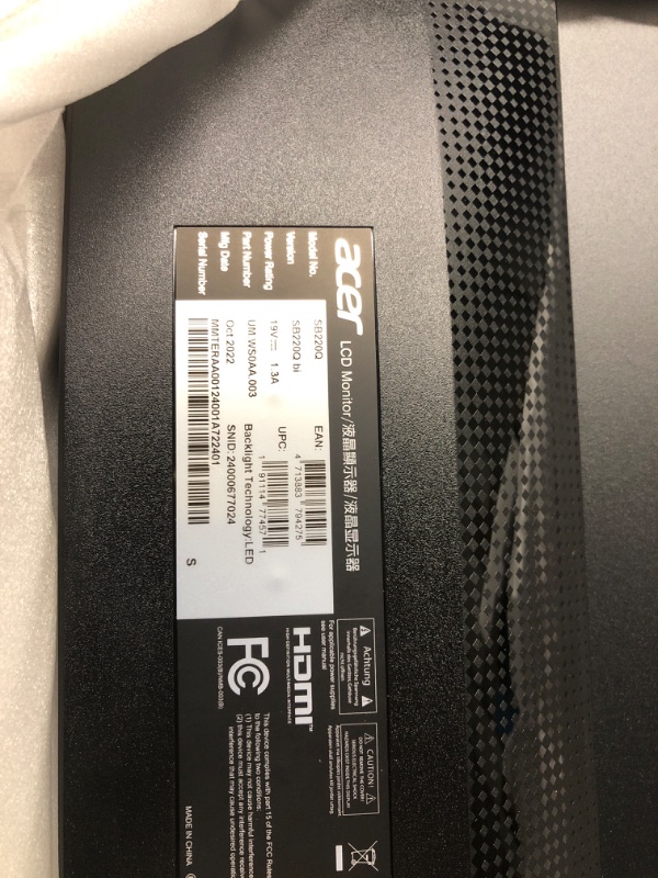 Photo 6 of Acer 21.5 Inch Full HD (1920 x 1080) IPS Ultra-Thin Zero Frame Computer Monitor (HDMI & VGA Port), SB220Q bi ***USED*** CAN BE USED FOR PARTS*** 