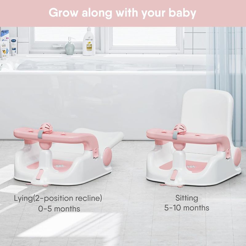 Photo 2 of Baby Bath Seat with Sitting & Lying 2 Modes, 3-Speed Adjustment, Powerful Suction Cups, Infant Bathtub Chair with Washable Pillow, Folding and Hanging***BLUE BLUE BLUE 