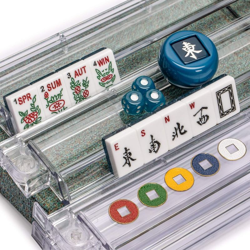 Photo 3 of Yellow Mountain Imports American Mahjong Set, Oceana with Heather Teal Soft Case - All-in-One Racks with Pushers, Wright Patterson Scoring Coins, Dice, & Wind Indicator