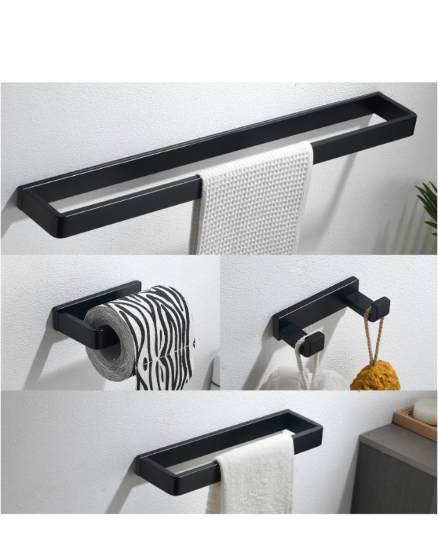 Photo 2 of YACVCL Bathroom Hardware Accessories Set Black 4-Piece Towel Bar Towel Rack Sets Square Towel Ring Kit Stainless Steel Wall Mounted