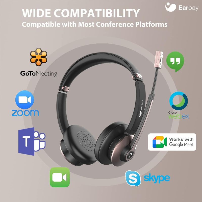 Photo 2 of Earbay Bluetooth Headset with Microphone, Wireless Headset with Noise Cancelling Mic, On Ear Headphone with USB Dongle & Mute Button, 26hrs Talk time for PC/Office/Zoom/Skype