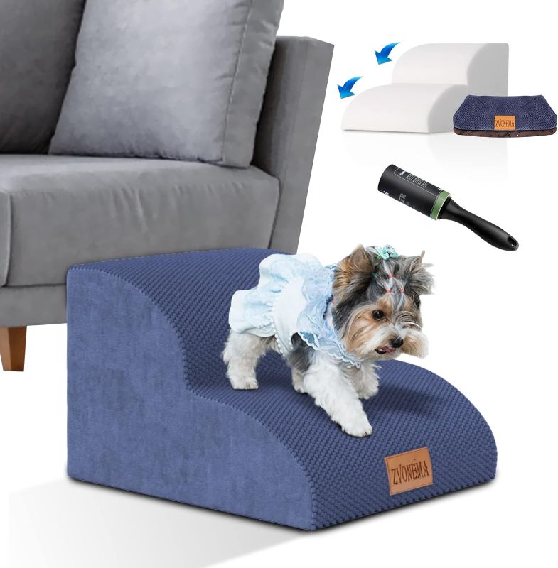 Photo 1 of ZNM Dog Steps for Small Dogs, High Density Foam Pet Stairs with Washable Cover, Non-Slip Dog Ramps/Ladder for Bed Couch, 2 Tiers Pet Steps Stairs for Dogs to Get on Bed, Send 1 Lint Roller, Blue