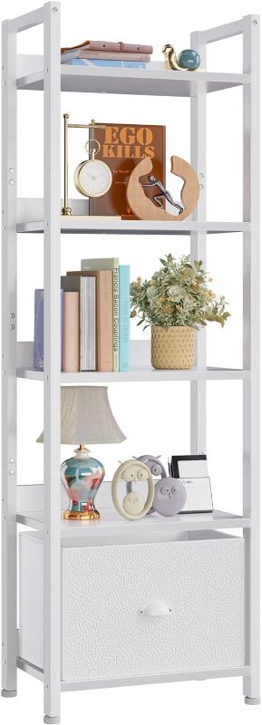 Photo 1 of **Missing Hardware**Furologee 5 Tier Bookshelf with Drawer, Tall Narrow Bookcase with Shelves, Wood and Metal Book Shelf Storage Organizer, Modern Display Standing Shelf Unit for Bedroom, Living Room, Office, White ** item may appear smaller **