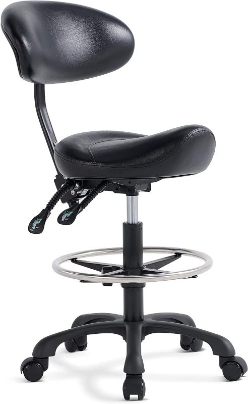 Photo 1 of Swivel Rolling Stool Round Chair,Thick Sturdy Padding,Adjustable Stool with Wheels for Doctor,Medical,Massage Salon,Office,Shop(with New Back, Black)