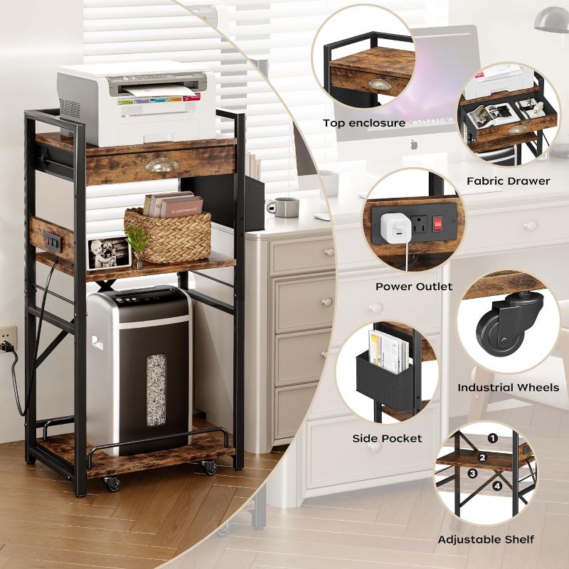 Photo 2 of Homeiju 3-Tier Printer Stand with Storage Drawer,Large Tall Printer Table with Power Outlet,Side Pocket and Adjustable Shelf for Home Office,Stand Cart for Computer PC Tower CPU Shredder,Brown