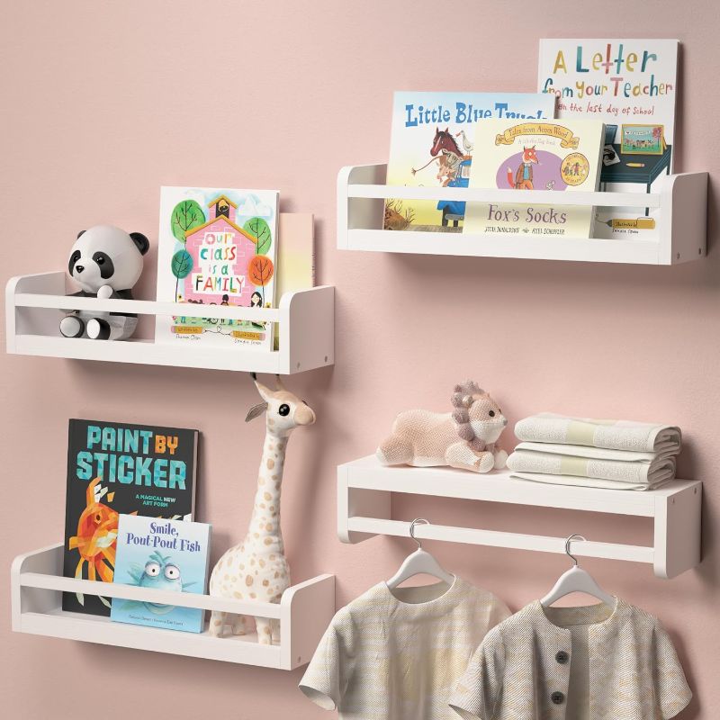 Photo 1 of Boswillon Dual-Guard Nursery Book Shelves Set of 4, Wood Floating Shelves for Nursery Room Wall Decor, Wall Mount Kids Bookshelf for Baby Bedroom Storage, Toddler Toy Hanging Wall Organizer - White
Brand: Boswillon