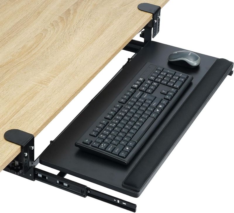 Photo 1 of TOPSKY Adjustable Under-Desk Keyboard Tray,  Pull Out Keyboard and Mouse Tray with Tilted Mechanism and C Clamp for Home and Office (Black)