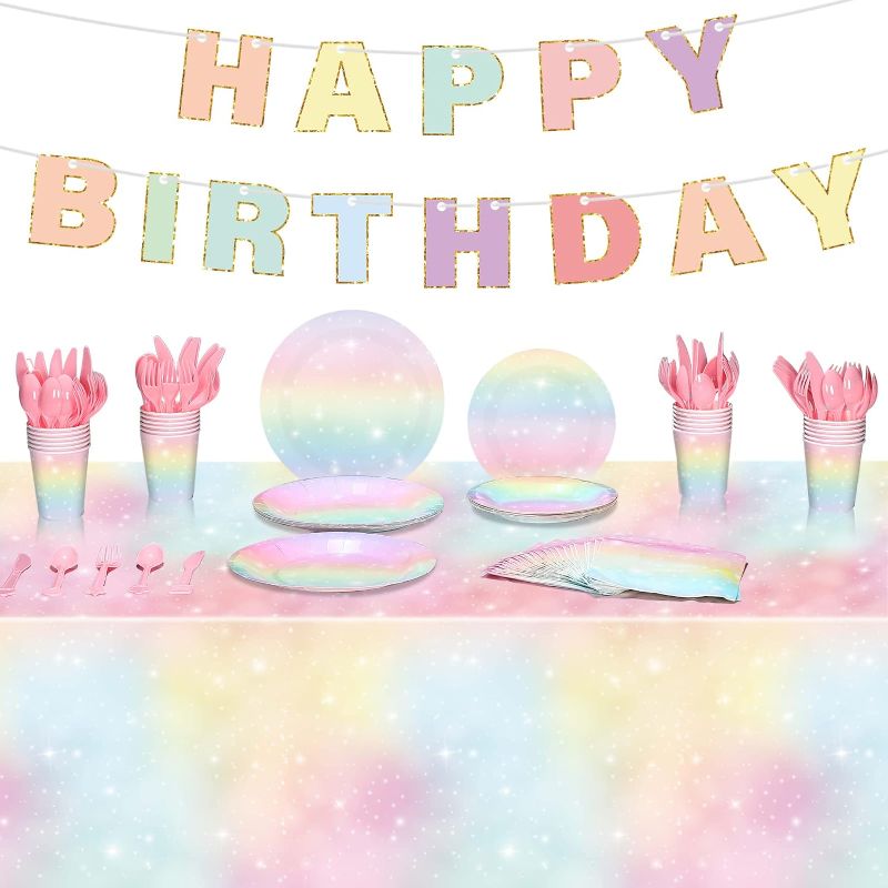 Photo 1 of 172 Pcs Pastel Rainbow Birthday Party Supplies Including Rainbow Tablecloth Cups Napkins Boho Plates Forks Cutlery Happy Birthday Banner Dinnerware for Baby Shower Girls Wedding Party Decoration