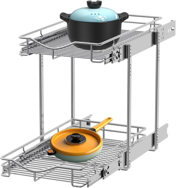 Photo 1 of 2 Tier Pull Out Cabinet Organizer (11" W X 21" D), Double Tier Wire Basket Slide Out Shelf Storage for Kitchen Base Cabinet Organization ?for Kitchen, Pantry, Bathroom, Chrome