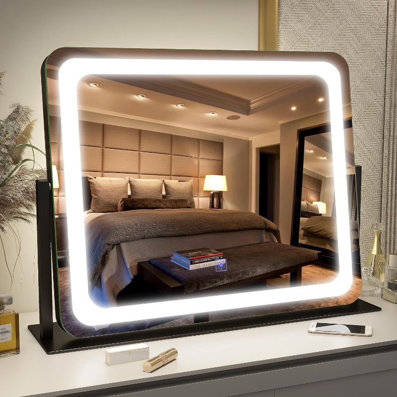 Photo 1 of **mirror does not light up** FENNIO Vanity Mirror with Lights 22"x19",LED Lighted Makeup Mirror,Large Makeup Mirror with Lights,Touch Screen with 3-Color Lighting,Led Mirror Makeup,Dimmable,for Vanity Desk Tabletop,Bedroom