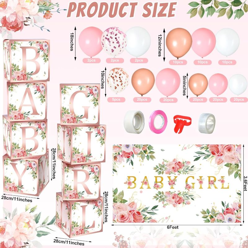 Photo 2 of 150 Pcs Baby Shower Decoration for Girl Include 8 Baby Shower Boxes Block with Letter 1 Floral Backdrop 141 Pink Rose Gold White Sequins Balloon Arch Kit for Gender Reveal Birthday Party Supplies