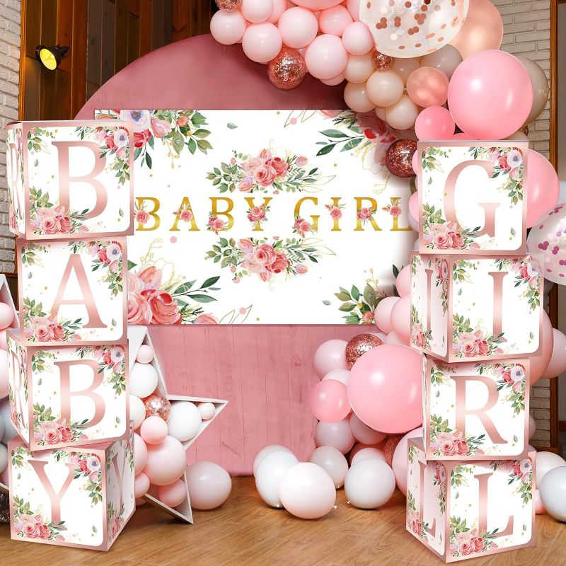 Photo 1 of 150 Pcs Baby Shower Decoration for Girl Include 8 Baby Shower Boxes Block with Letter 1 Floral Backdrop 141 Pink Rose Gold White Sequins Balloon Arch Kit for Gender Reveal Birthday Party Supplies