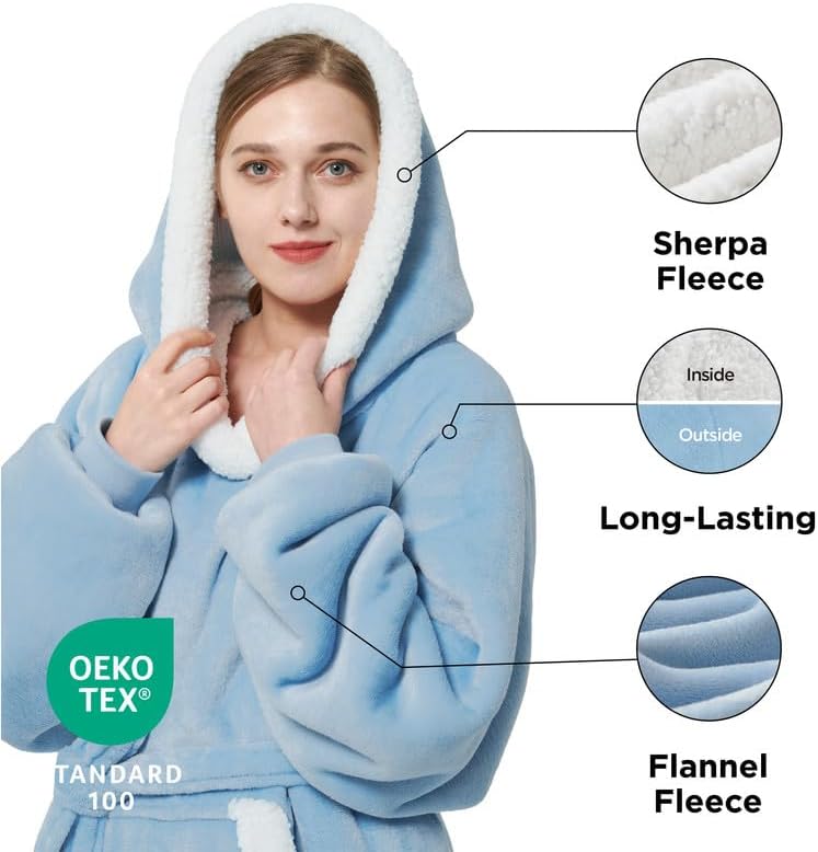 Photo 2 of Bedsure Wearable Blanket Hoodie Women - Long Sherpa Fleece Hooded Blanket for Adult Women Men, Warm Cozy Blanket Sweatshirt with Giant Pocket and Belt, Winter Gifts for Girlfriend Mom, Standard, Blue