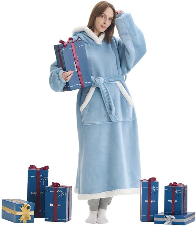 Photo 1 of Bedsure Wearable Blanket Hoodie Women - Long Sherpa Fleece Hooded Blanket for Adult Women Men, Warm Cozy Blanket Sweatshirt with Giant Pocket and Belt, Winter Gifts for Girlfriend Mom, Standard, Blue