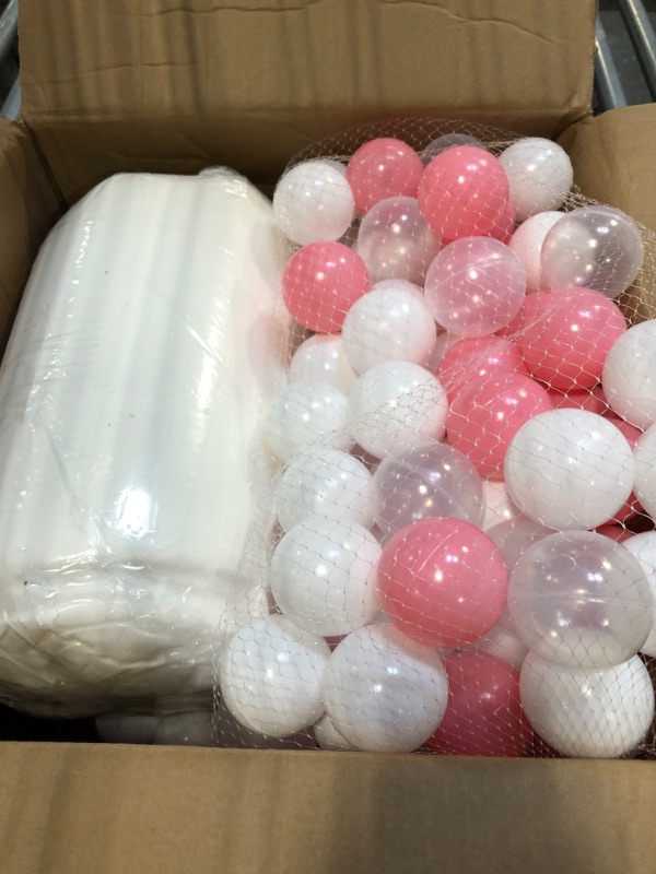 Photo 3 of Foam Ball Pit with 200 Balls Included for Kids Toddlers, Baby Ball Pool Soft Gift for Babies - White Color (Balls Included: Pink White Transparent) White Ball Pit With 200 Balls