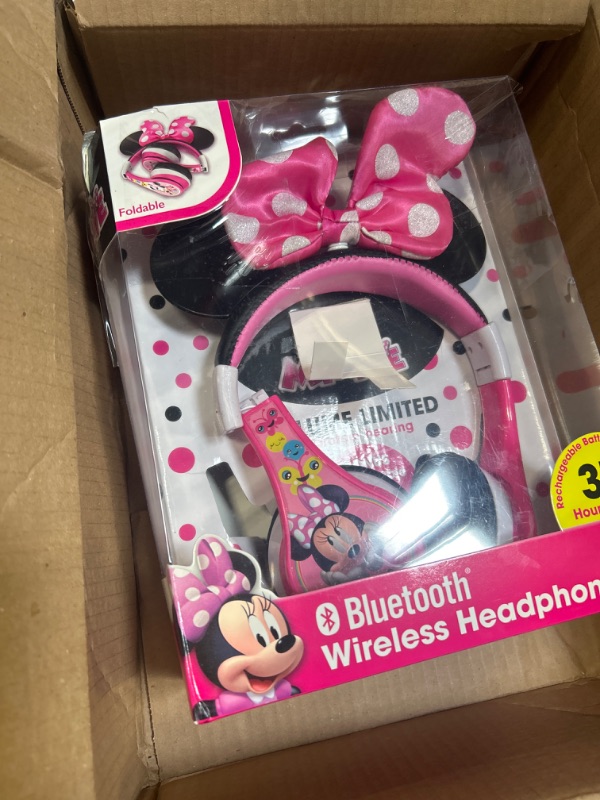 Photo 3 of eKids Minnie Mouse Kids Bluetooth Headphones, Wireless Headphones with Microphone Includes Aux Cord, Volume Reduced Kids Foldable Headphones for School, Home, or Travel, Pink