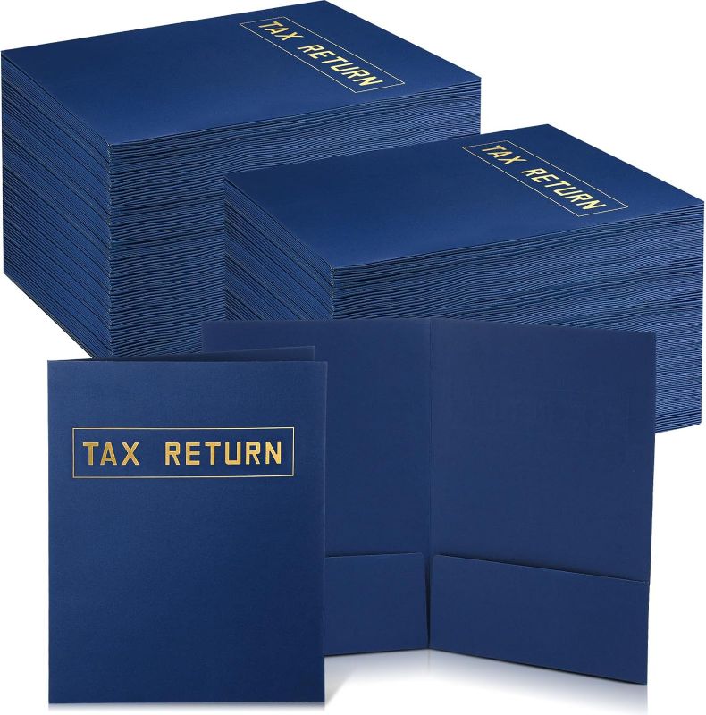Photo 1 of 100 Pcs Tax Return Folders Bulk 9 x 12 Inch 2 Pocket Folders Gold Foil Stamped Folder with Pockets for Business Office Storing or Handling Personal and Customer Tax Return Organizer (Blue)
