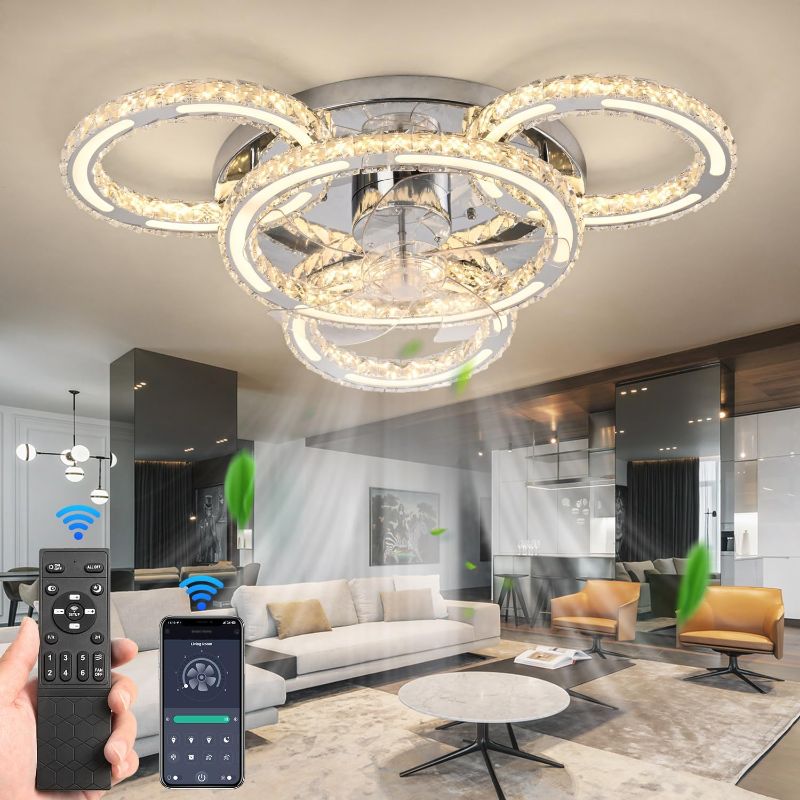 Photo 1 of 27.6" Crystal Ceiling Fan with Lights - Flush Mount, Tri-Color LED Lights, 6-Speed Wind Options, Remote Control. Perfect for Living Room, Kitchen, Bedroom, and More.