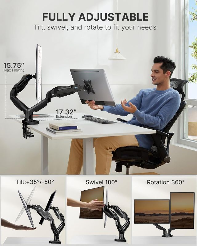 Photo 1 of HUANUO Dual Monitor Stand - Adjustable Spring Monitor Desk Mount Swivel Vesa Bracket with C Clamp,