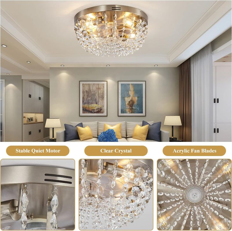 Photo 1 of 16.5" Small Ceiling Fan with Lights, Modern Crystal Ceiling Fans, Industrial Flush Mount Ceiling Fans with Lights for Kids Room Bedroom - Silver