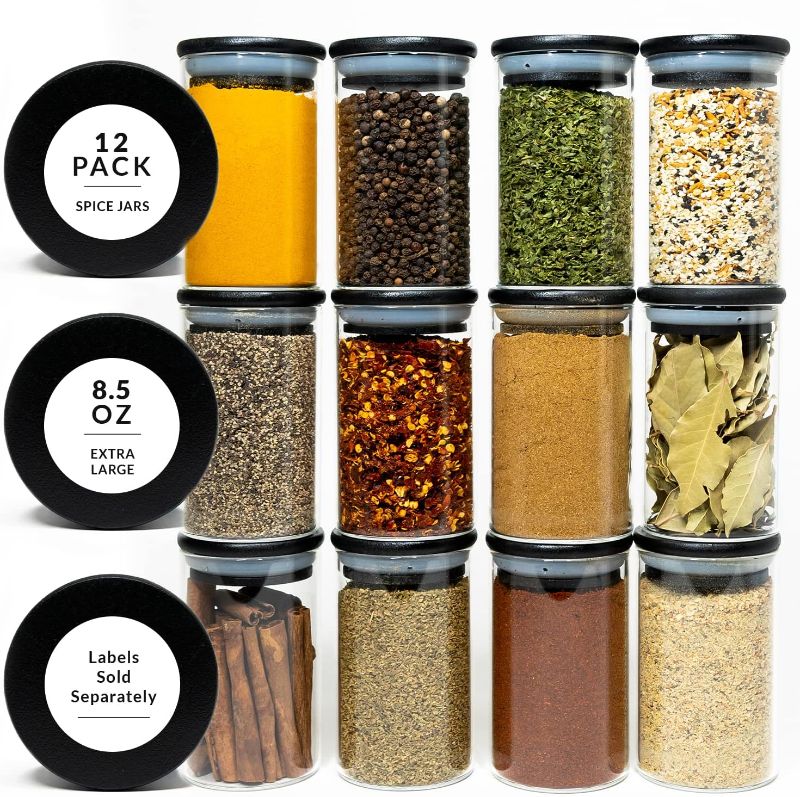 Photo 1 of 12 Black Bamboo Spice Jars - 8.5oz Large Spice Jars with Bamboo Lids - Seasoning Glass Jars with Airtight Lids - Spice Jars Black Lids Bamboo Containers Herb Jars Spice Rack - Spice Organization