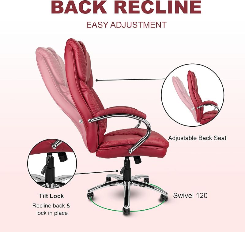 Photo 3 of Big and Tall Executive Office Chair for Heavy People - PU Leather Reclining High Back Managerial Chair 400lbs Wide Ergonomic Seat- Swivel, Rolling and Tilt Mechanism(Red)