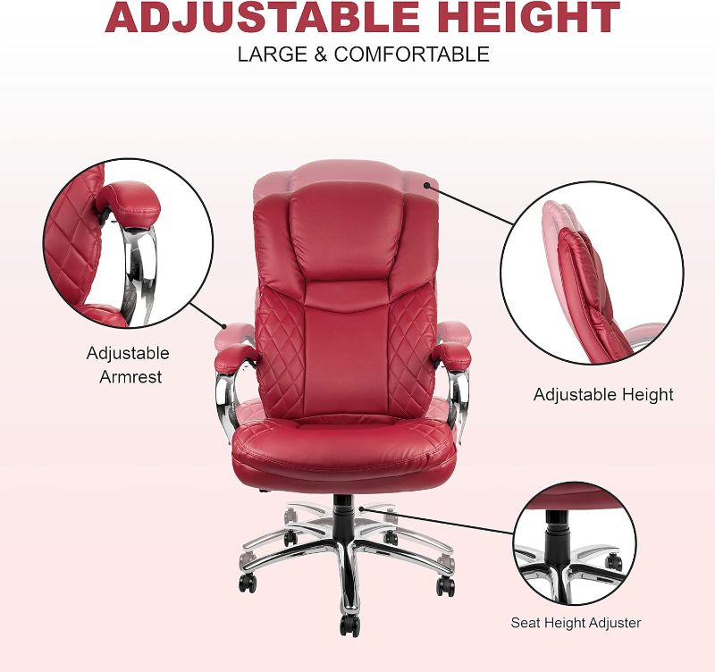 Photo 2 of Big and Tall Executive Office Chair for Heavy People - PU Leather Reclining High Back Managerial Chair 400lbs Wide Ergonomic Seat- Swivel, Rolling and Tilt Mechanism(Red)