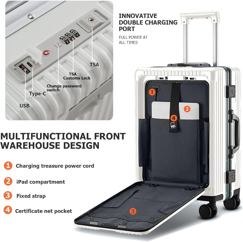 Photo 3 of Feilario 20in Aluminium Frame Hardside Expandable Spinner Wheel Luggage, Built-In TSA lock Carry on Suitcase with Cup Holder & USB Port & Phone Holder