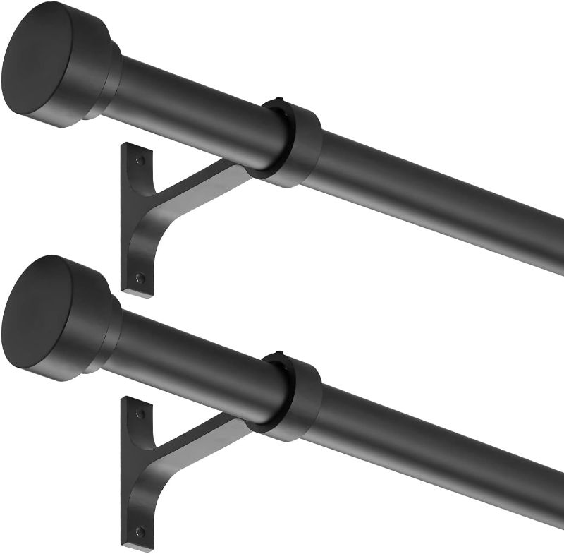 Photo 1 of 2 Pack Heavy Duty 1 Inch Diameter Single Curtain Rods 36-72” Adjustable Window Curtain Rod with Aluminum Alloy Cylindrical Cap Finials, Wall Mount and Ceiling Mount, Matte Black