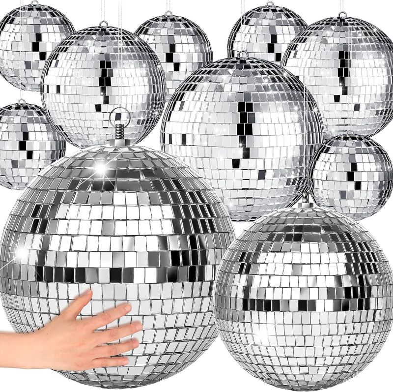 Photo 1 of 17 Pack Large Disco Ball Hanging Disco Ball Small Disco Ball Mirror Disco Balls Decorations for Party Wedding Dance and Music Festivals Decor Club Stage Props DJ Decoration (12, 8, 6, 4, 3.2 Inch)