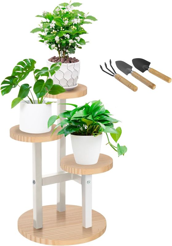 Photo 1 of 3 Tire Pine Wood Plant Stand Indoor, Metal Iron Tiered Plant Stands Corner Plant Holder Flower Shelf Display Rack For Living Room Balcony Garden Patio(White)