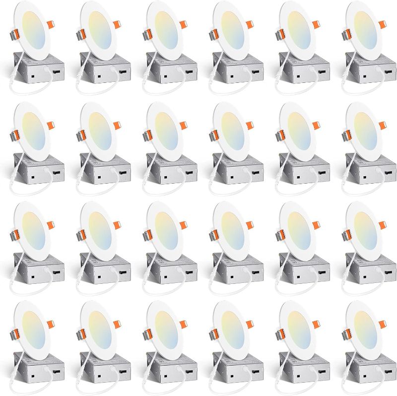 Photo 1 of Amico 24 Pack 4 Inch 5CCT Ultra-Thin LED Recessed Ceiling Light with Junction Box, 2700K/3000K/3500K/4000K/5000K Selectable, 10W Eqv 60W, Dimmable Can Light, 800LM High Brightness Downlight