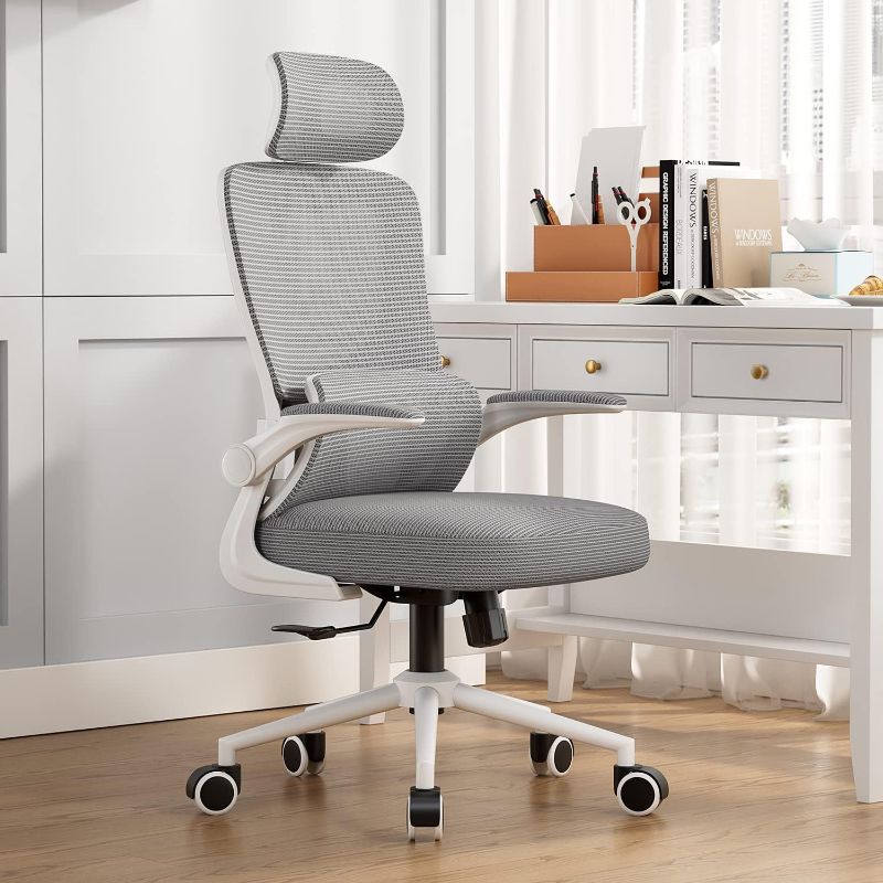 Photo 1 of Office Chair Height-Adjustable Ergonomic Desk Chair with Self-Adaptive Lumbar Support Breathable Mesh Computer Chair High Back Swivel Task Chair with Adjustable Headrest and Flip-up Armrests - Grey