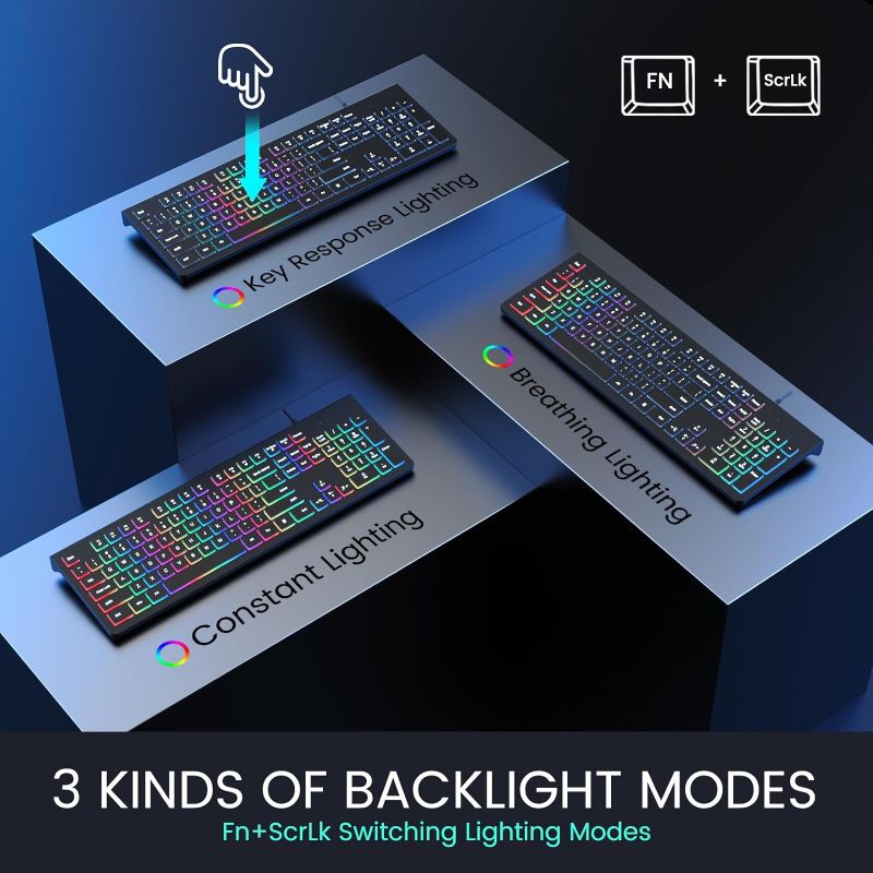 Photo 1 of Keyboard RGB Backlit, Wired USB Lighted Computer Keyboards with 3 Modes Backlit, Full Size Quiet Keyboard with Large Number KeyPad, Spill-Resistant, Anti-Wear Letters, for Laptop,Desktop