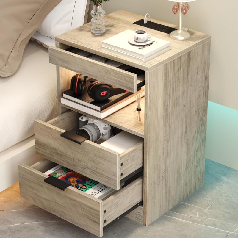 Photo 1 of **USED** Gadroad LED Nightstand Bedside Table with Charging Station, End Table with 2 Drawers and LED Lights, Sofa Couch Side Table with Pull-Out Shelf for Bedroom Living Room, Grey