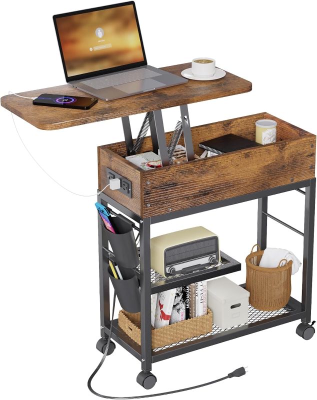 Photo 1 of Lift Top End Table with Charging Station and Wheels, Sofa Side Table with USB Port & AC Outlets, Movable Bedside Nightstand with Side Bag for Office Living Room Bedroom(Rustic Wood)
