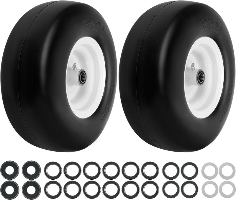 Photo 1 of 2 Pack 13x6.50-6 Tires Flat Free for Zero Turn Lawn Mower, 13x6.50x6 Solid Smooth Tire and Wheel Assemblies with Grease Fitting, 4" Centered Hub, 3/4" Ball Bearings with 24 Adapter Kits