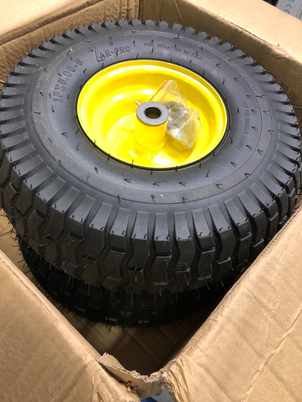 Photo 3 of (2 Pack) 15 x 6.00-6 Front Tire and Wheel Set - 4-Ply Replacement Tires with Wheels Assemblies for John Deere Riding Mower - for Lawn Tractors with 3" Centered Hub and 3/4" Bushings, Yellow