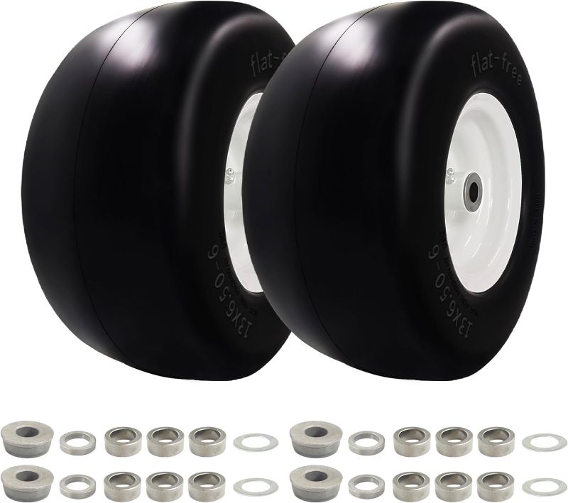 Photo 1 of 2 PCS Premium 13x6.5-6 Flat Free Tire and Wheel for Lawn Mowers & Zero Turn Mowers, with 3/4" & 5/8" Grease Bushing and 4"-7.2" Centered Hub, Solution for Commercial Grade Lawns, and Garden Turf