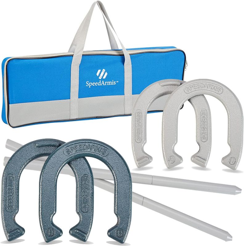 Photo 1 of *****SOLD AS PARTIAL SET//DAMAGED HORSEHOE*****Horseshoes Outside Game Set - Universal Size Lawn Horseshoes Outdoor Games for Parties Beach Backyard, Includes 4 Horseshoes, 2 Steel Stakes and Durable Carrying Bag