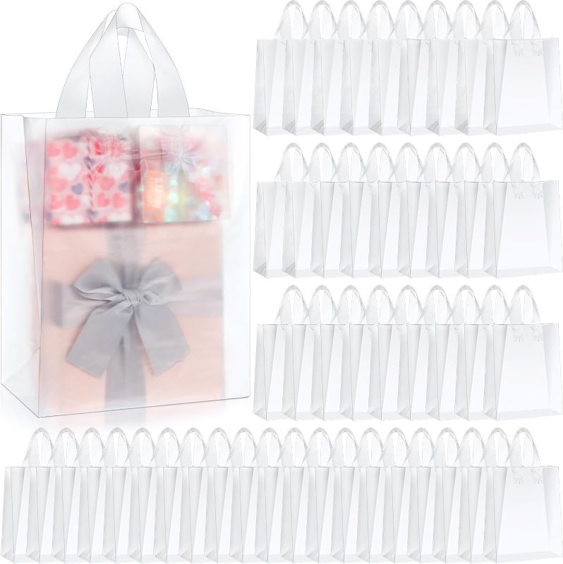 Photo 1 of Zhanmai 250 Pcs Frosted Plastic Bags with Handle, 8 x 4 x 10 Clear Plastic Gift Bags Bulk, Plastic Party Favor Bags Clear Shopping Bags Boutique Bags for Small Business Merchandise Retail Gifts Bags